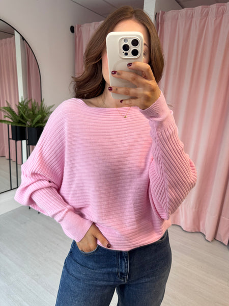 Rib Slash Neck Jumper - Light Pink