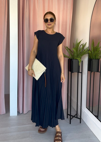 Pleated Maxi Dress Navy – Manamou - Main Image