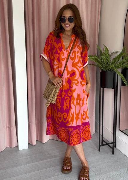 Swirly Print Dress - Pink & Orange