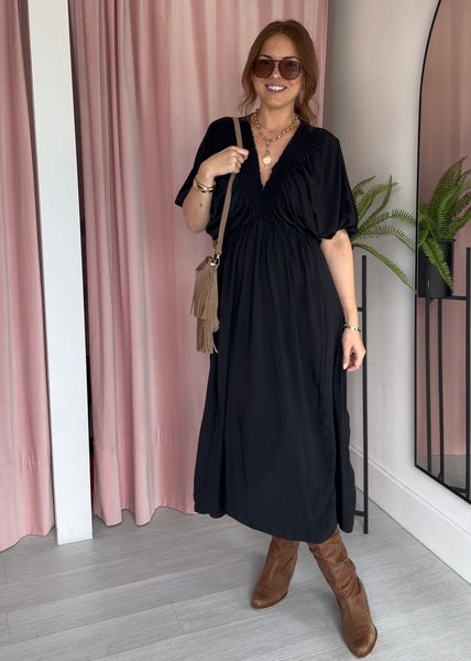 Shirred V Boho Dress - Black