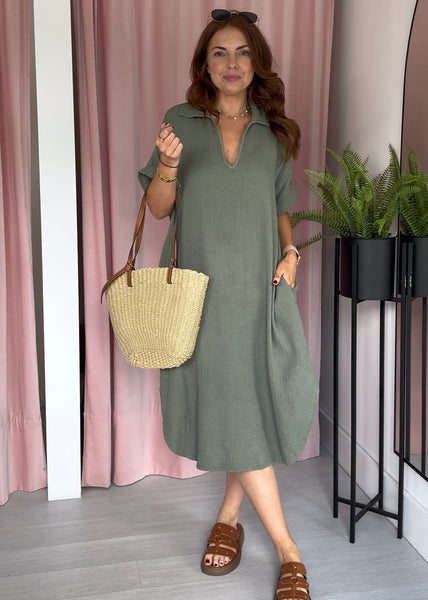 Cheesecloth Collar Dress - Khaki