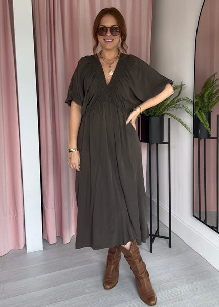 Shirred V Boho Dress - Brown