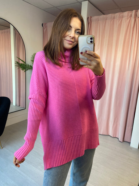 Roll Neck Ribbed Knit Top - Pink
