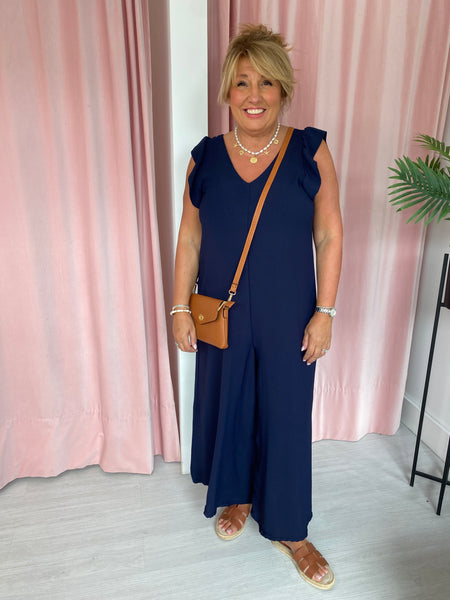 Ruffle Shoulder Jumpsuit Navy – Manamou - Main Image