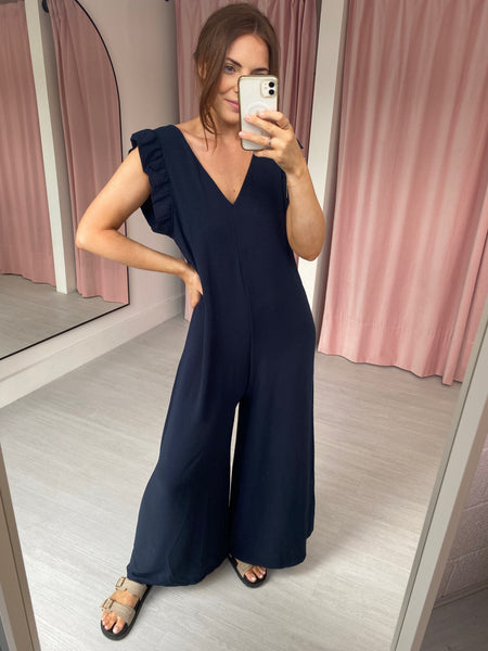 Ruffle Shoulder Jumpsuit - Navy