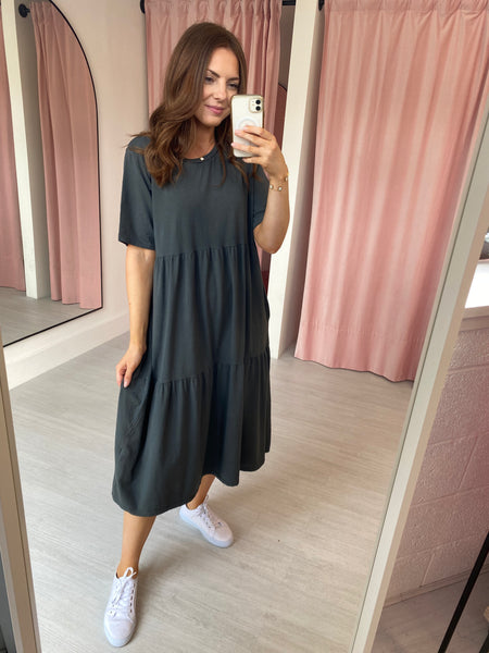 Tiered T shirt Dress Dark Grey Manamou
