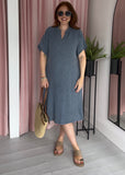 Tea Bag Linen Grandad Dress - Denim Blue