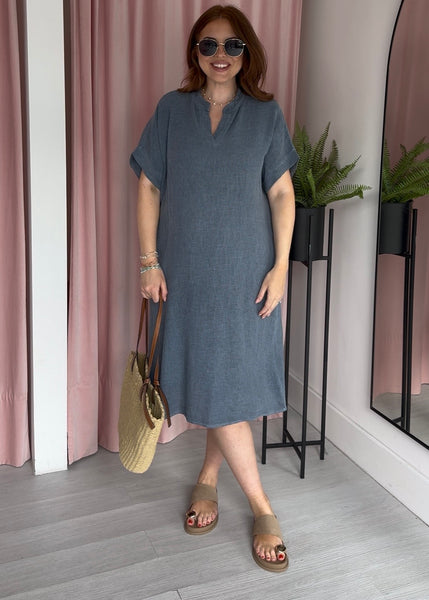 Tea Bag Linen Grandad Dress - Denim Blue