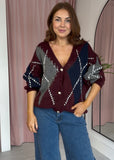 Argyle Boyfriend Cardigan - Burgundy
