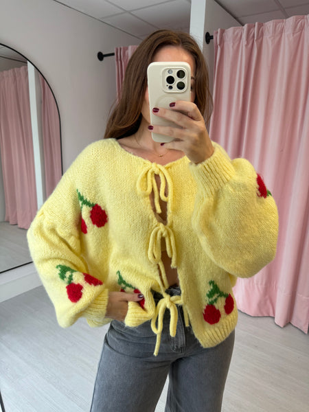 Bow Front Cherry Cardigan - Yellow