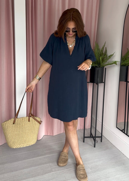 Cheesecloth Short Bubble Sleeve Dress - Navy