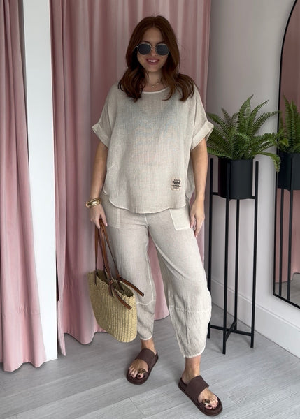 Tea Bag Linen Barrel Leg Co-ord - Biege
