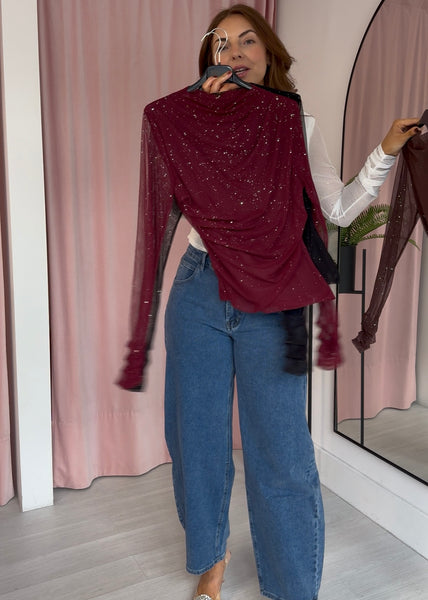 Sparkly Sheer Ruched Top - Burgundy