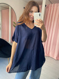 V Neck Cotton Top - Navy