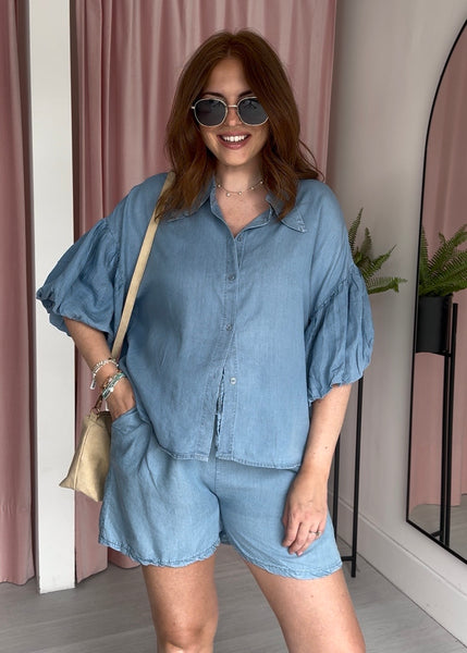 Chambray Denim Puff Ball Sleeve Shirt