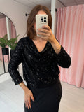 Sequin Cowl Neck Top - Black