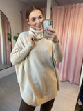 Ribbed Hem Roll Neck Jumper - Beige