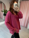 Slouchy V Neck Jumper  -  Raspberry