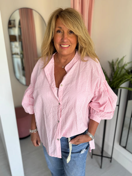 Balloon Sleeve Shirt -  Pink & White Stripe