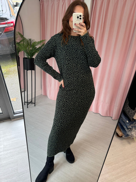 Knitted Leopard Dress - Khaki