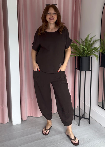 Cheesecloth Barrel Leg Co-ord - Brown