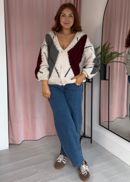Argyle Boyfriend Cardigan - Cream