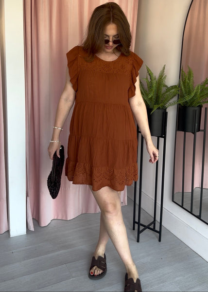 Cheesecloth Embroidery Anglaise Dress - Rust