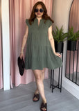 Cheesecloth Flutter Sleeve Dress - Khaki