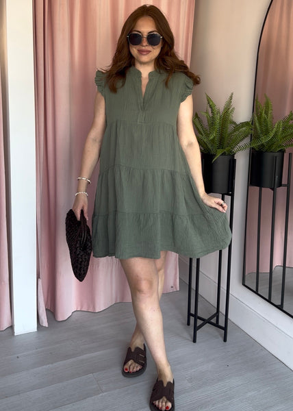 Cheesecloth Flutter Sleeve Dress - Khaki