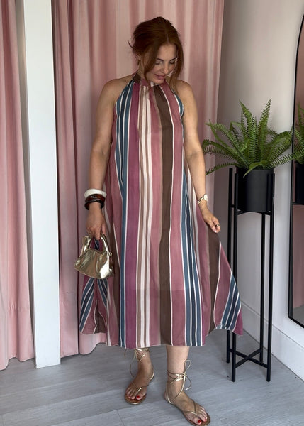 Stripe Halter Dress - Blue & Pink