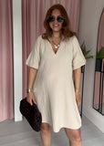 Cheesecloth Short Bubble Sleeve Dress - Stone