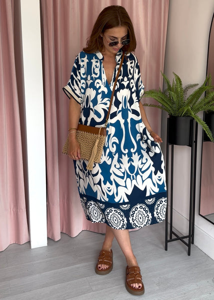 Swirly Print Dress - Navy & Blue