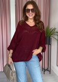 Loose Knit Heart Jumper - Burgundy