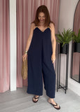 Gold Detail Pleat Front Jumpsuit - Navy
