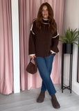 High Neck Contrast Edge Jumper - Brown