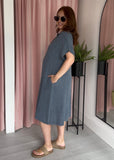 Tea Bag Linen Grandad Dress - Denim Blue