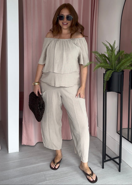 Tea Bag Ruffle Top Co-ord - Biege
