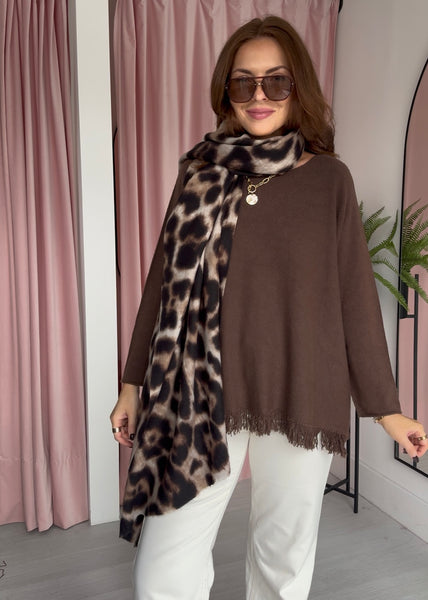 Fringe Hem Jumper - Brown