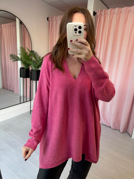 Slouchy V Neck Jumper  -  Raspberry