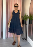 Frill Edge Tiered Dress - Navy