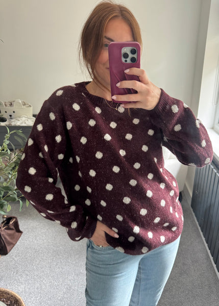 Knitted Polka Dot Jumper - Burgundy