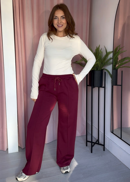 Wide Leg Crease Front Jogger - Burgundy