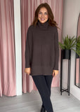 Ribbed Roll Neck Jumper - Brown