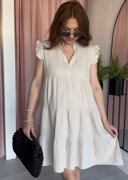 Cheesecloth Flutter Sleeve Dress - Beige