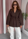 Collarless Tie Belt Jacket - Brown