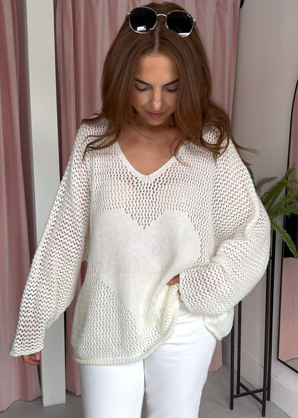 Loose Knit Heart Jumper - Off White
