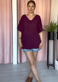 V Neck Cotton Top - Plum