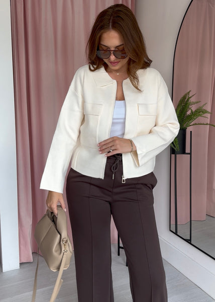 Knitted Zip Through Collar Cardigan - Cream