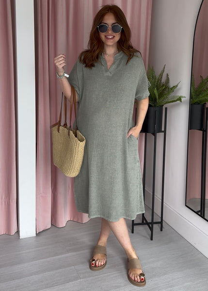 Tea Bag Linen Grandad Dress - Khaki