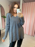 V-neck Ribbed Knit Tunic - Grey